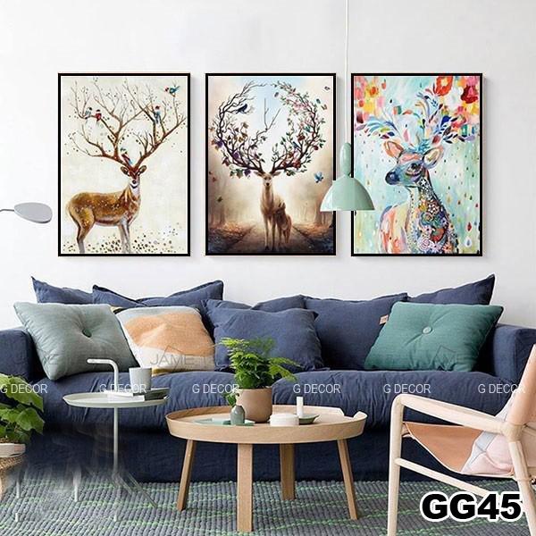 Tranh treo tường canvas 3 bức phong cách hiện đại Bắc Âu 213, tranh hươu trang trí phòng khách, phòng ngủ, phòng ăn, spa