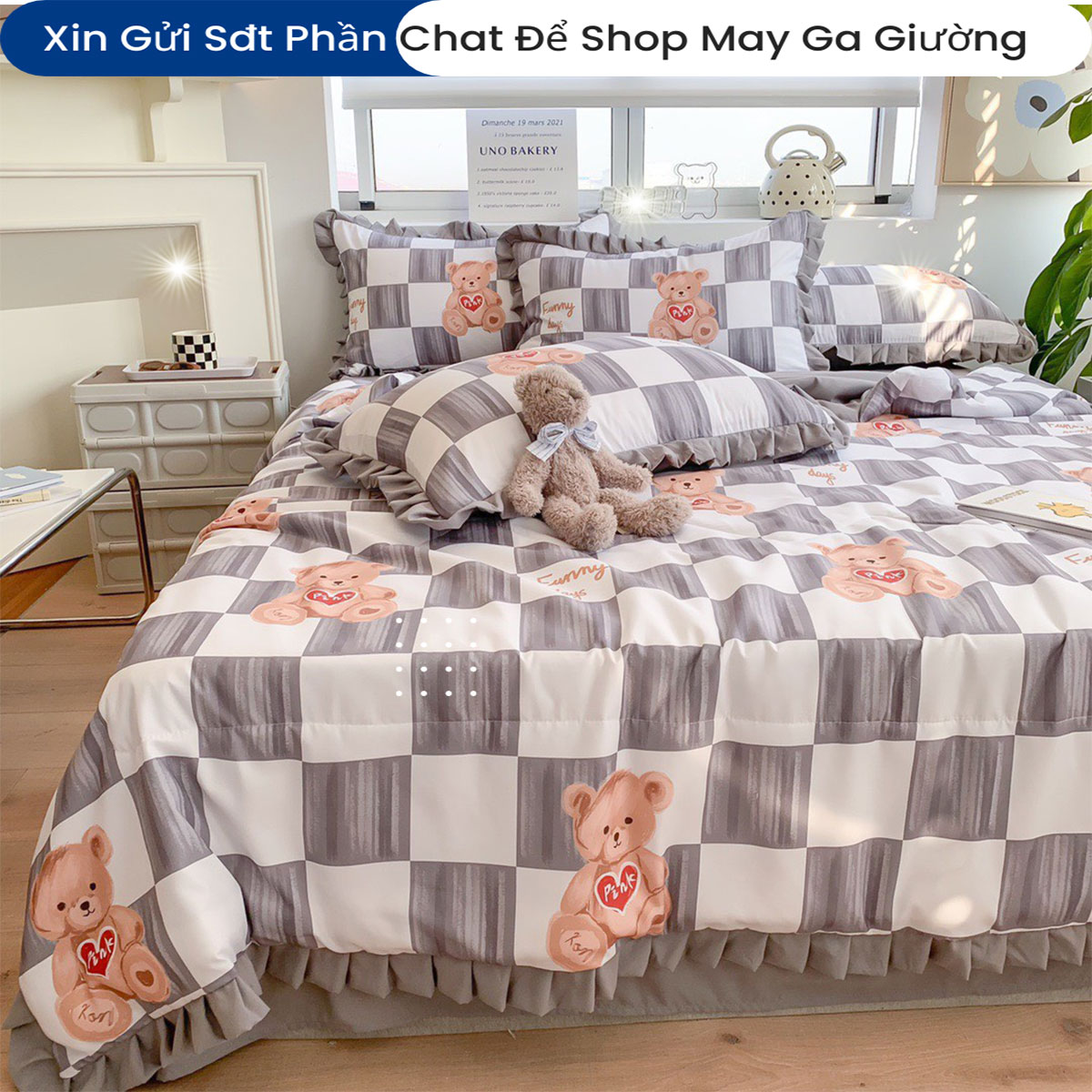 Bộ Chăn Ga Gối Đệm Hè Cotton Tici ANNA NGUYÊN Drap Giường Cotton Cao Cấp Mẫu Kẻ Ô Bo Chun Drap