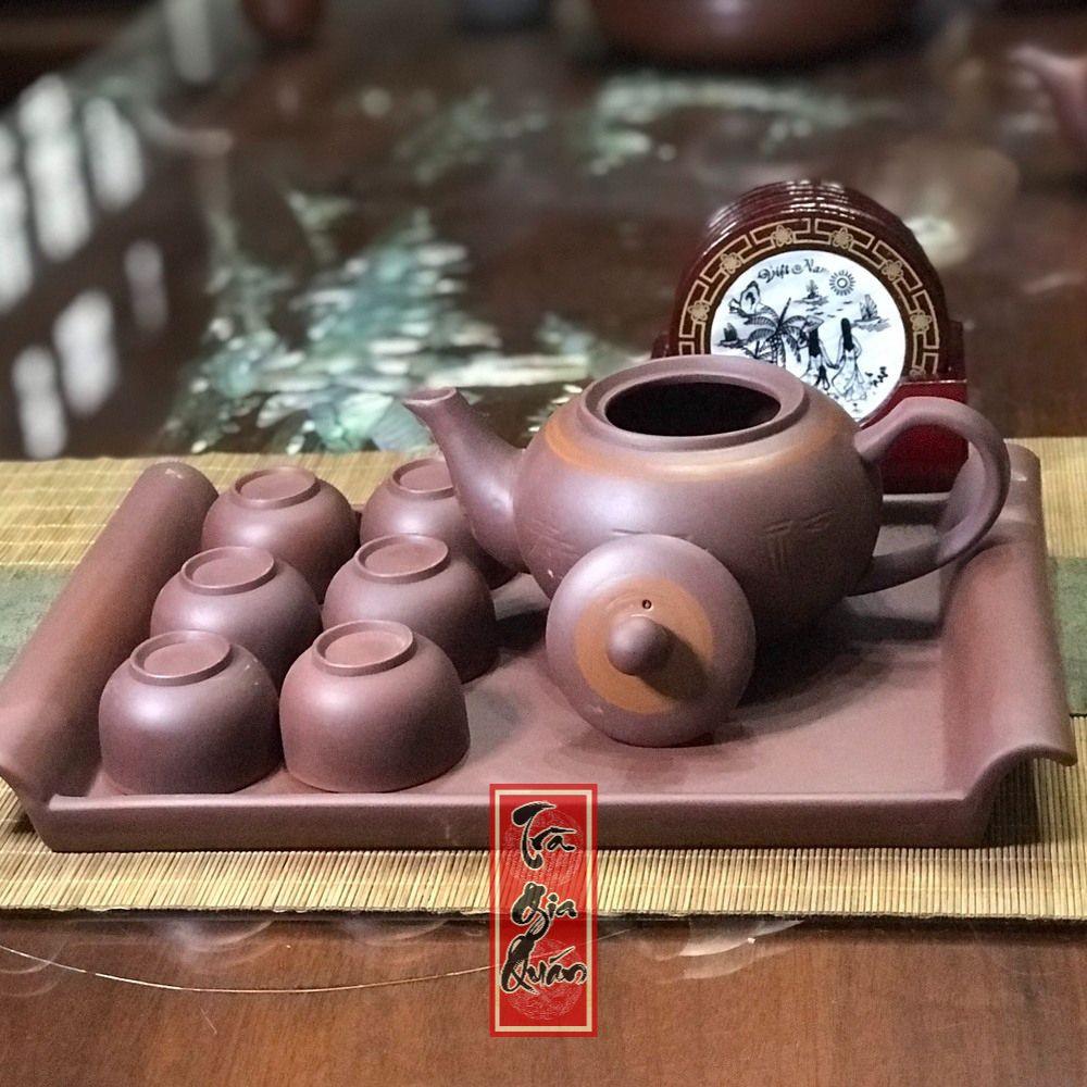 Bộ Ấm Chén Trà Đạo Tử Sa Bát Tràng Khắc Phúc Lộc Thọ Dáng Thủy Bình Dung Tích 420ml ABTTH 16