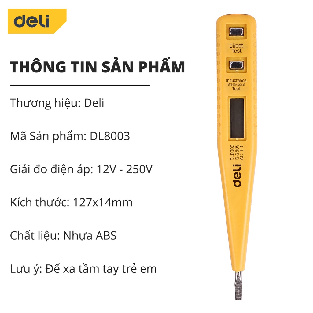 Bút Thử Điện Không Tiếp Xúc 12V - 1000V Màn Hình LED Chính Hãng DELI TOOLS Chất liệu Cao Cấp Bền Bỉ