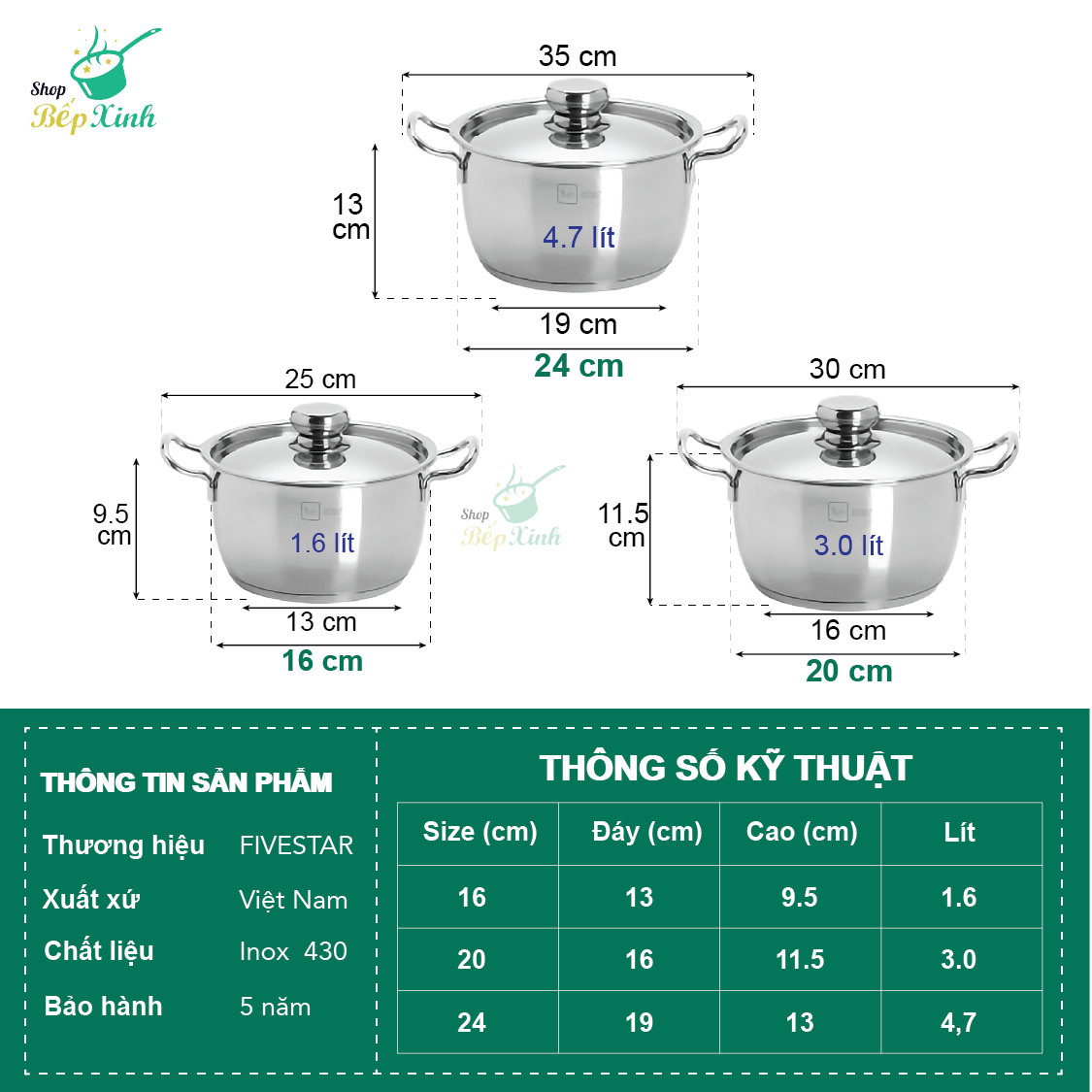 Bộ Nồi Inox 430 Bếp Từ Fivestar 3 Chiếc Nắp Inox Tặng 5 Muỗng Ăn Inox