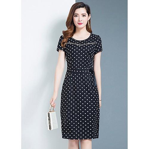 ĐẦM ÔM IN CHẤM BI ĐÍNH NƠ EO PHỐI RUY BĂNG KIM TUYẾN