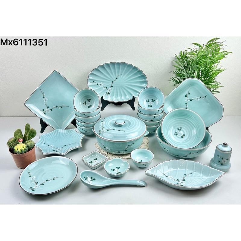 Set bát đĩa men ngọc 23- 25 món. Gốm sứ Bát Tràng cao cấp.