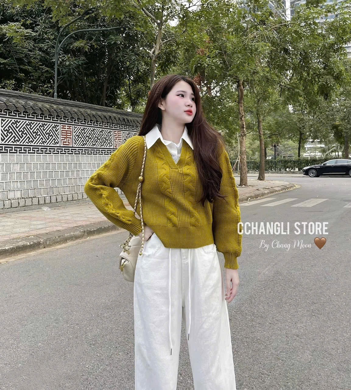 Áo Len Nữ Dệt Kim Phối Sơ Mi Cổ V Lệch Tầng Form Rộng Ulzzang Hàn Quốc