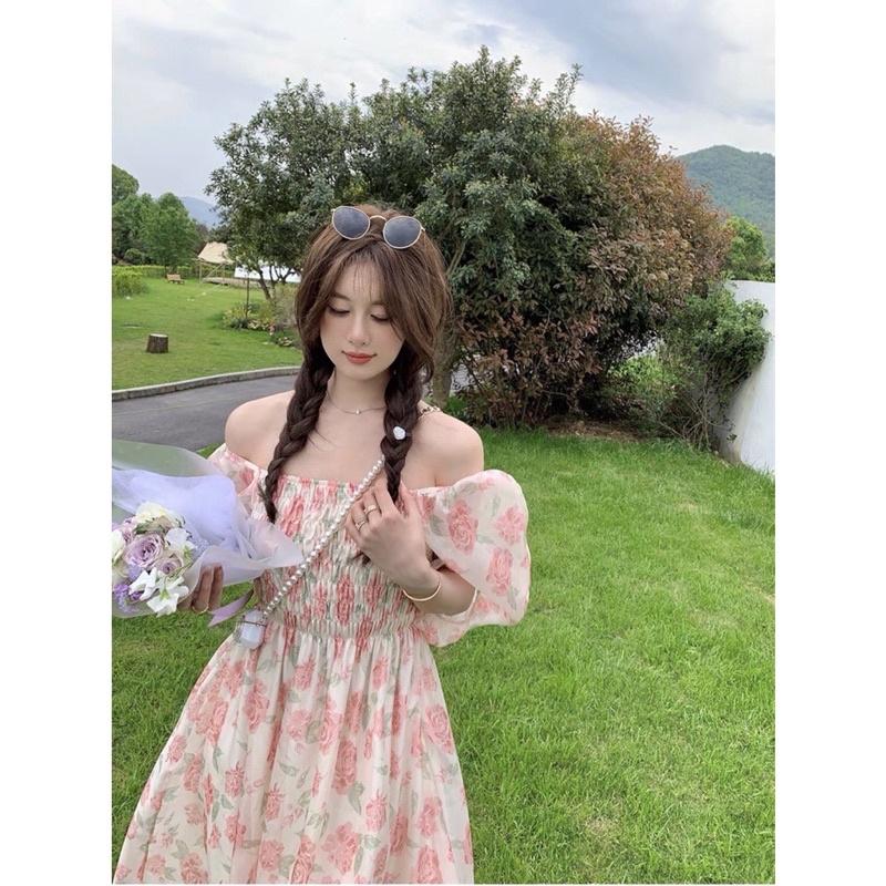 VÁY ĐẦM HOA HỒNG CHUN NGỰC TAY BỔNG MẶC 2 KIỂU “MYLI DRESS” TRỄ VAI TIỂU THƯ