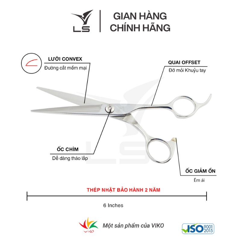 Kéo cắt tóc LS lưỡi thẳng quai offset phẳng đỡ ngón cố định CB12/6.0