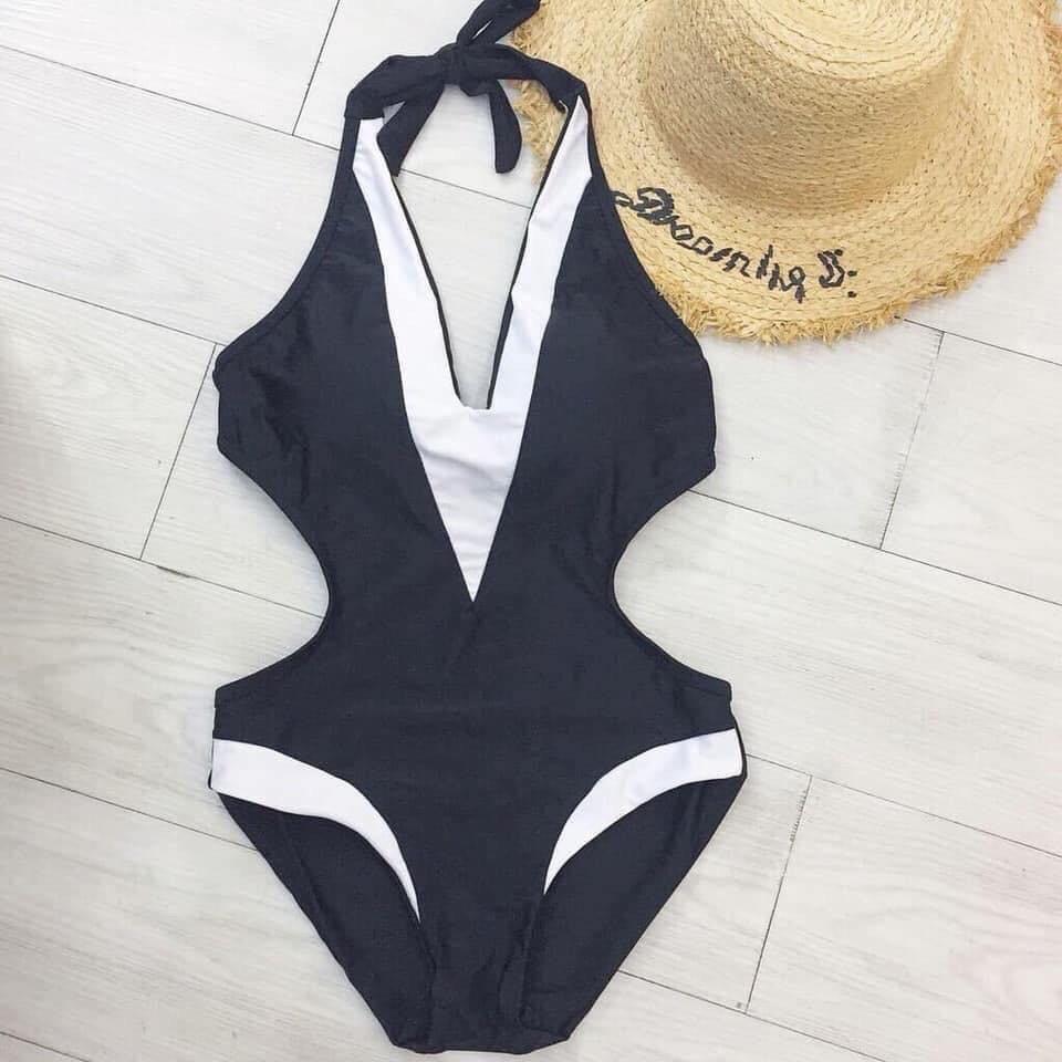  Bikini 1 mảnh cut out đen viền trắng sang chảnh