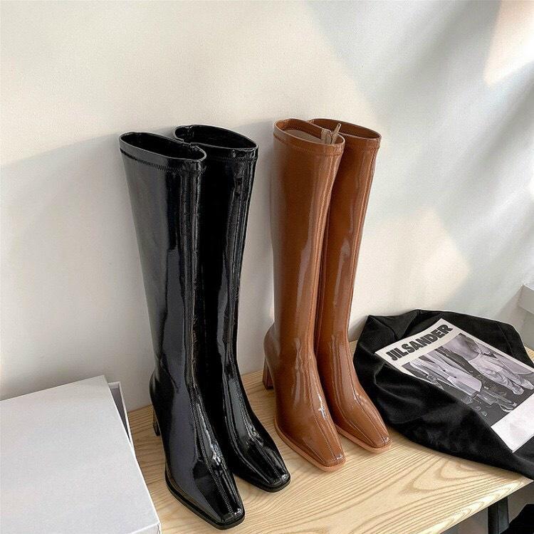 Hàng Loại 1 Boots đùi da bóng, đế vân gỗ cao 7cm sang chảnh cho bạn gái bắp chân nhỏ B009