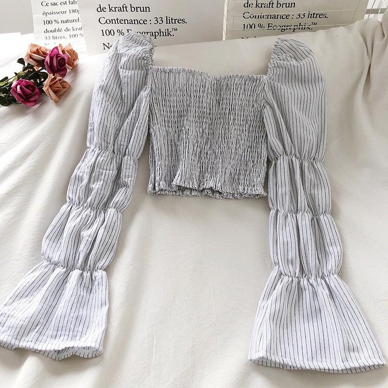 Áo croptop nhún tay dài kẻ sọc summer 2021