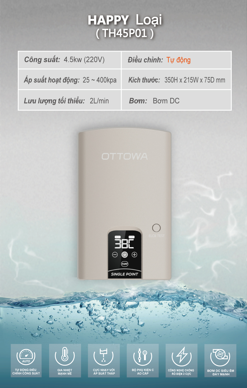 Máy tắm nước nóng OTTOWA TH45P01- Hàng chính hãng