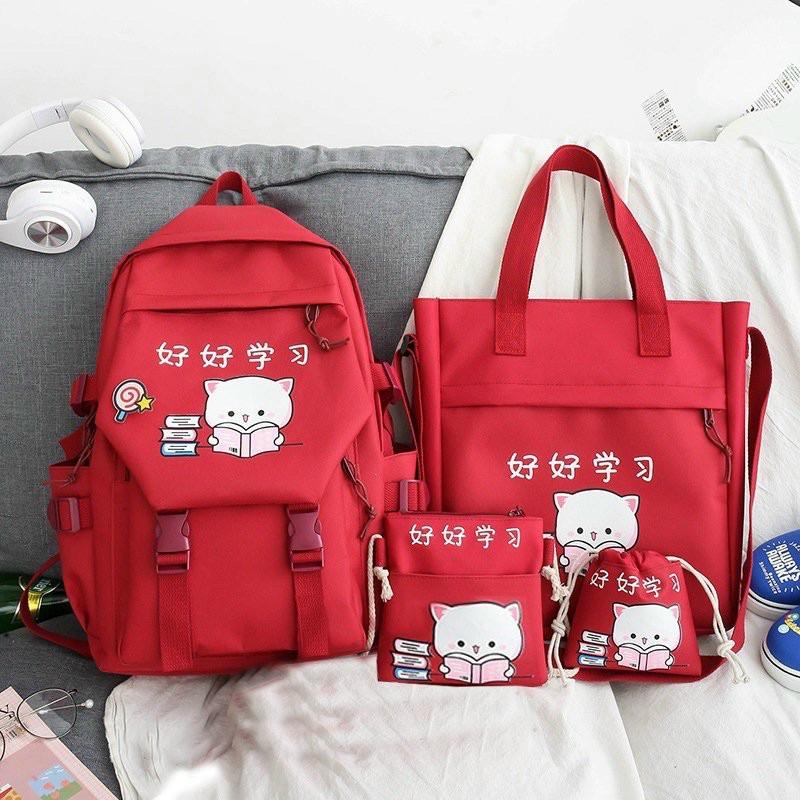 Set balo 4 món mèo cute đọc sách