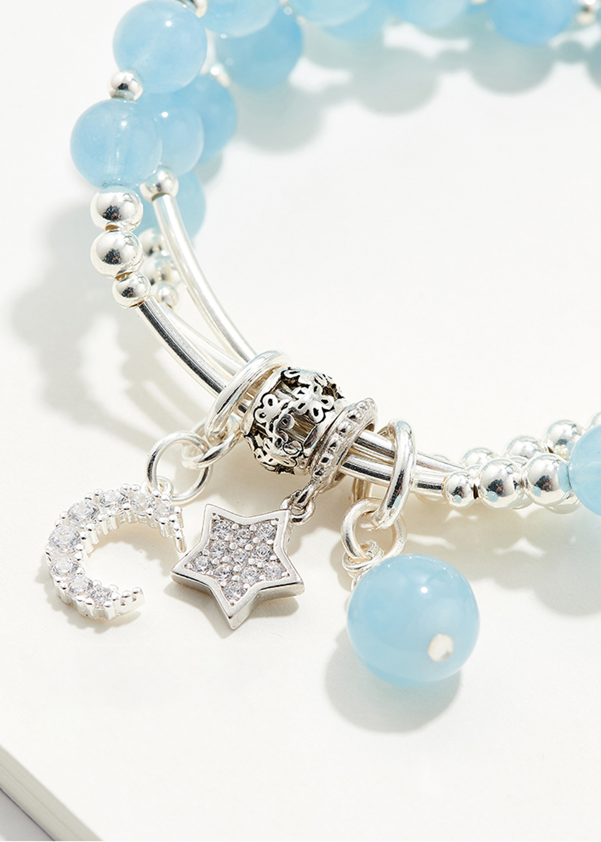 Vòng tay 3 line đá aqumarine charm bạc mệnh thủy, mộc - Ngọc Quý Gemstones