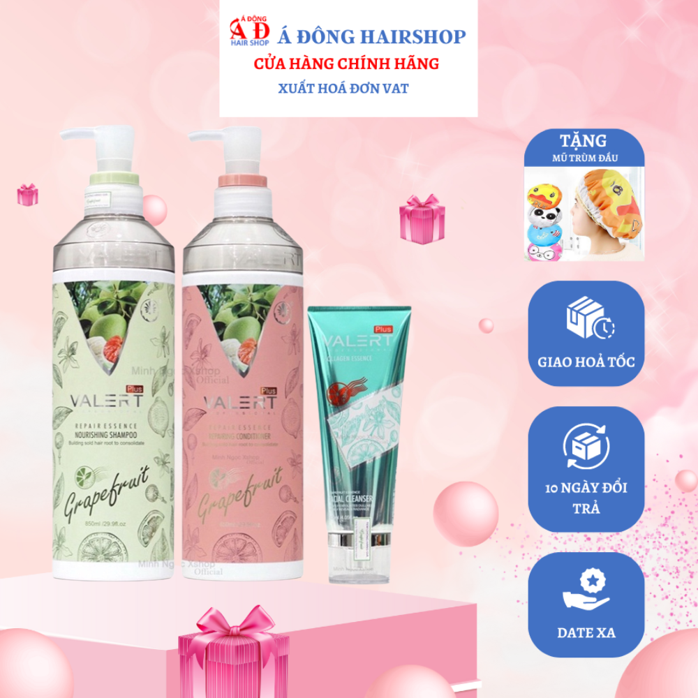 Cặp dầu gội, xả bưởi VALERT GRAPEFRUIT 850ml chống rụng kích thích mọc tóc tặng kèm sữa rửa mặt 120ml