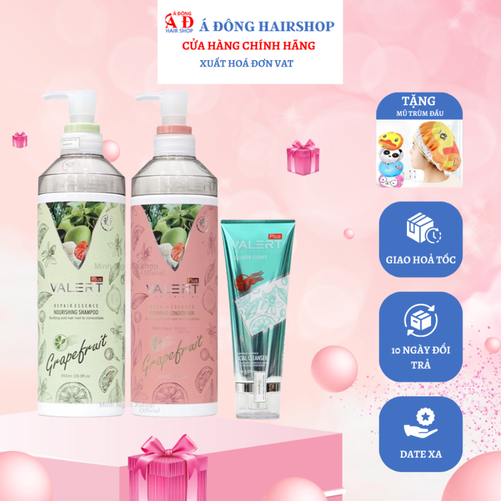 [+Tặng mũ trùm] Cặp dầu gội, xả bưởi VALERT GRAPEFRUIT 850ml chống rụng kích thích mọc tóc tặng kèm sữa rửa mặt 120ml