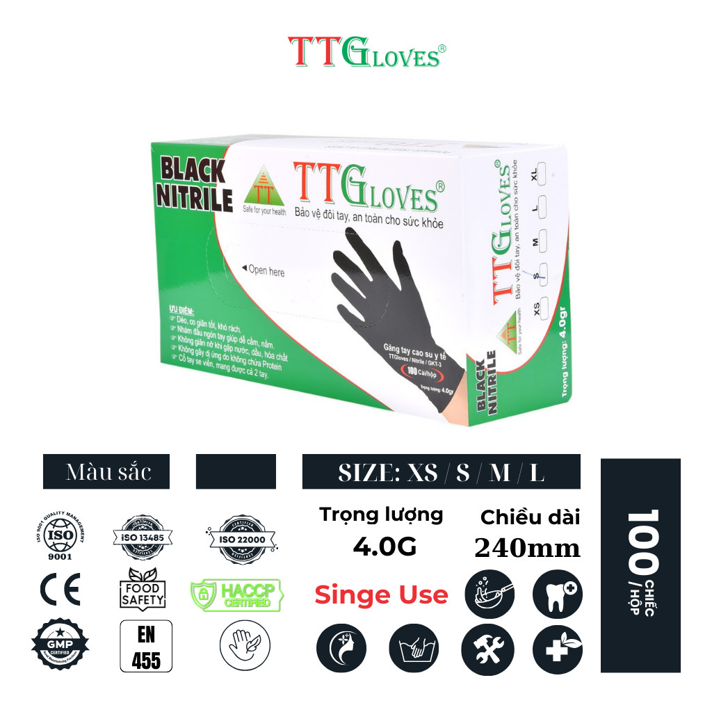 GĂNG TAY Y TẾ CAO CẤP NITRILE MÀU ĐEN TTGLOVES HỘP 100 CHIẾC (SIZE XS)