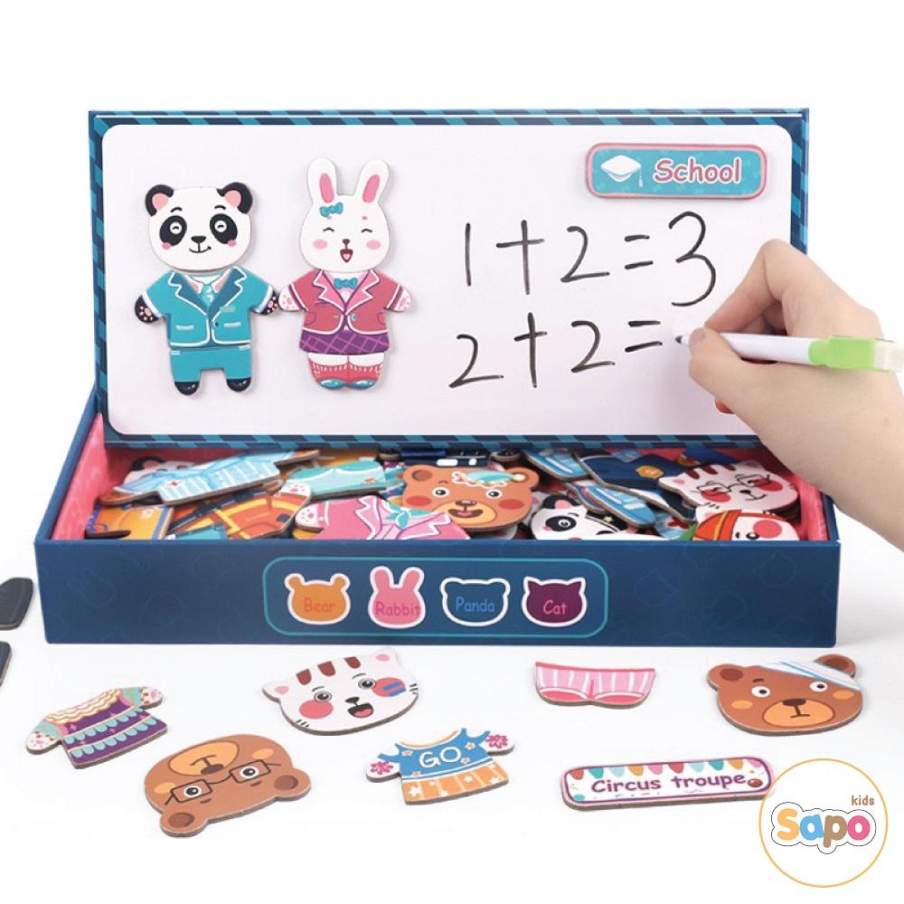 Bộ đồ chơi xếp hình gỗ thay quần áo cho gia đình thỏ gấu có nam châm