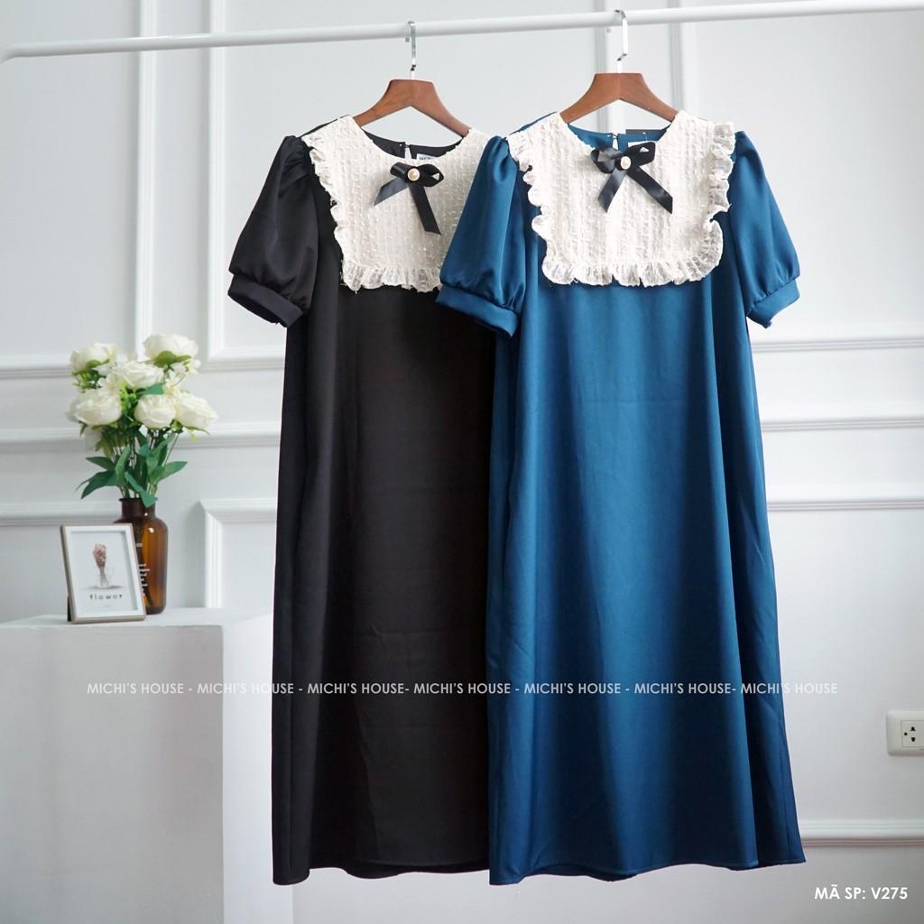 Váy suông dáng chữ A, đầm dáng xuông rộng, váy bầu freesize 2 màu xanh, đen mã V275 - Michi House