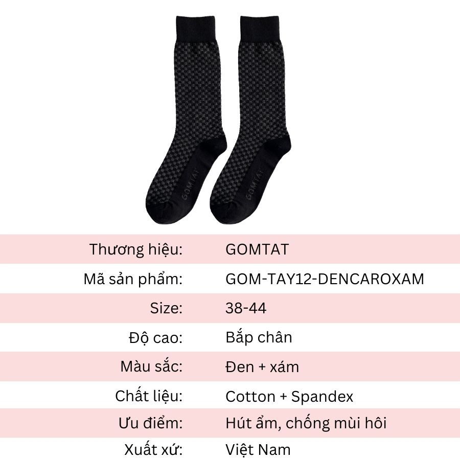 Tất vớ nam cổ cao 27cm GOMTAT màu đen sọc caro xám, chất liệu cotton cao cấp thoáng mát êm chân - GOM-TAY12-DENCAROXAM