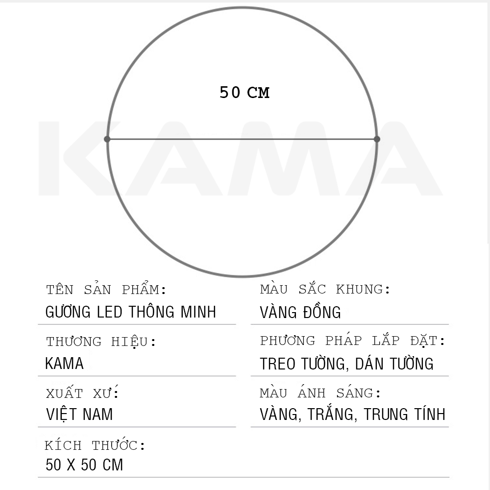 Gương Led Tròn Treo Tường Kama GS04 50cm Cảm Ứng Một Chạm Thông Minh, Gương Led Chống Cháy Nổ, Phù Hợp Nhà Tắm, Phòng Ngủ Trang Điểm.