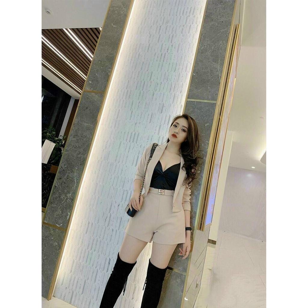 Sét đùi 3 món, áo trong thun cotton cúp ngực, áo ngoài tay dài cổ vest thời trang cá tính