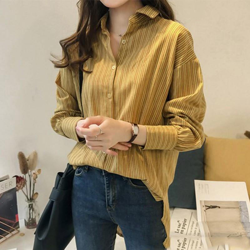 Áo sơ mi tay dài cổ bẻ dáng rộng họa tiết kẻ sọc size lớn trẻ trung thời trang