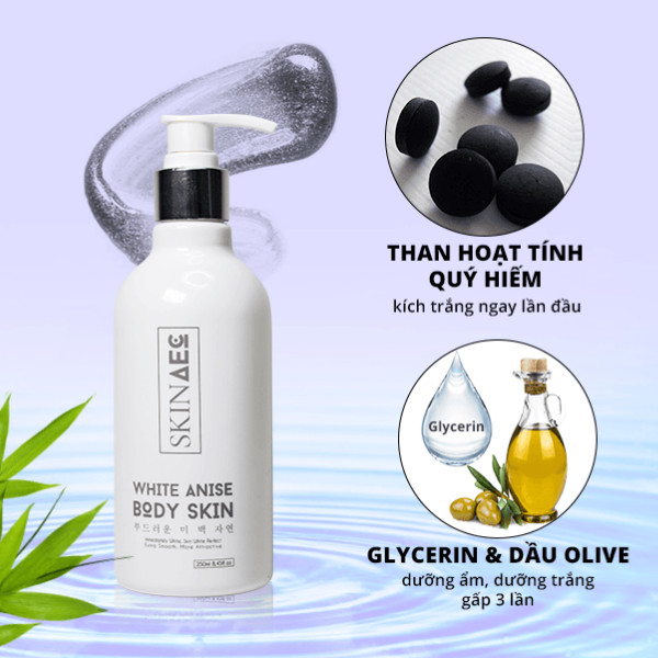 Kem Body Dưỡng Trắng Than Hoạt Tính Skin Aec White Anise Body Skin (250ml) - Dưỡng Trắng, Giữ Ẩm, Không Gây Kích Ứng Cho Da