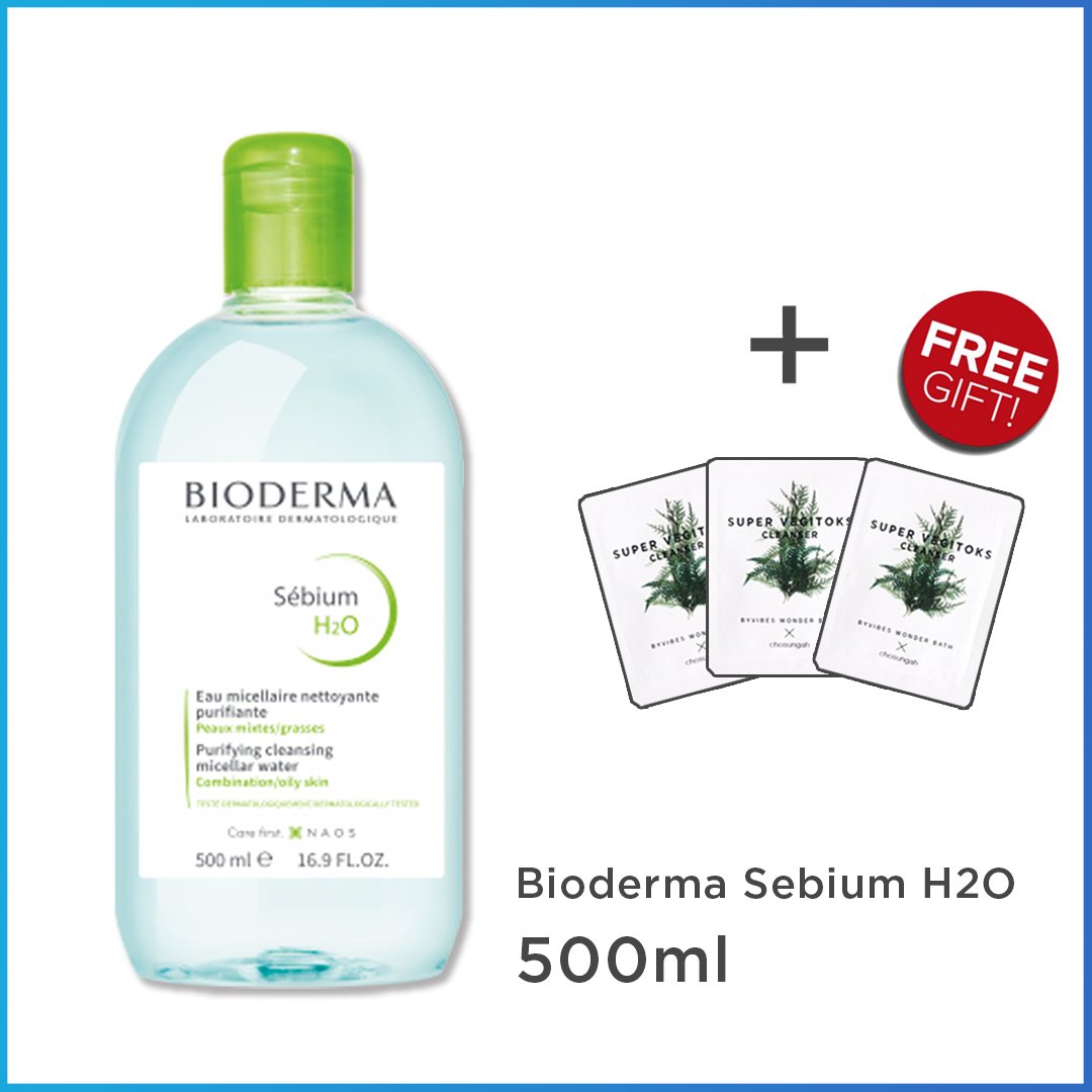 Nước Tẩy Trang Cho Da Dầu Mụn BIODERMA Sébium H2O 500ml + Tặng 3 gói sữa rửa mặt thải độc Super Vegitoks Cleanser 3ml