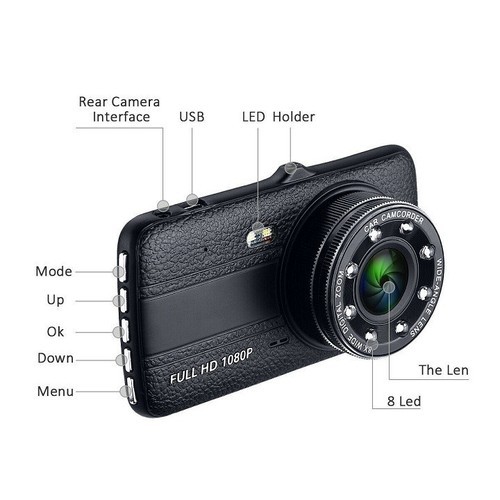 Camera hành trình ô tô Ontek T004 Full HD 1080P - Màn hình 4 inch, Hỗ trợ 8 LED ( Gồm Cam trước &amp; Cam sau ) - Hàng nhập khẩu