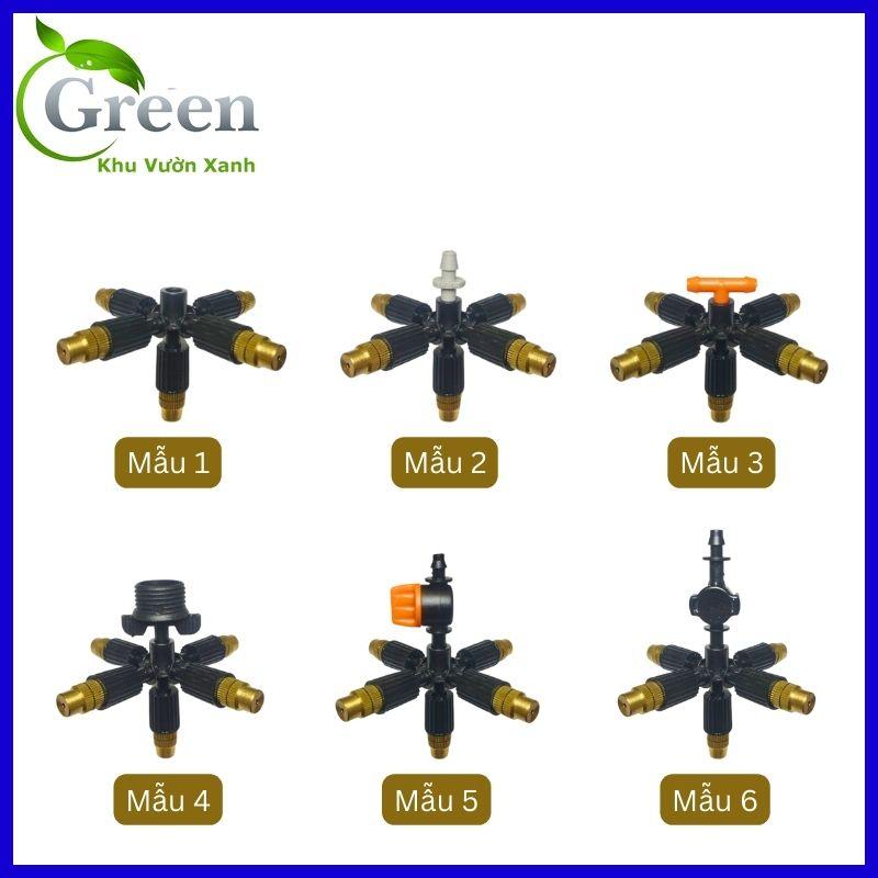 Béc Phun Sương Đồng 5 Hướng Nối Lỗ 6mm Kèm Phụ Kiện