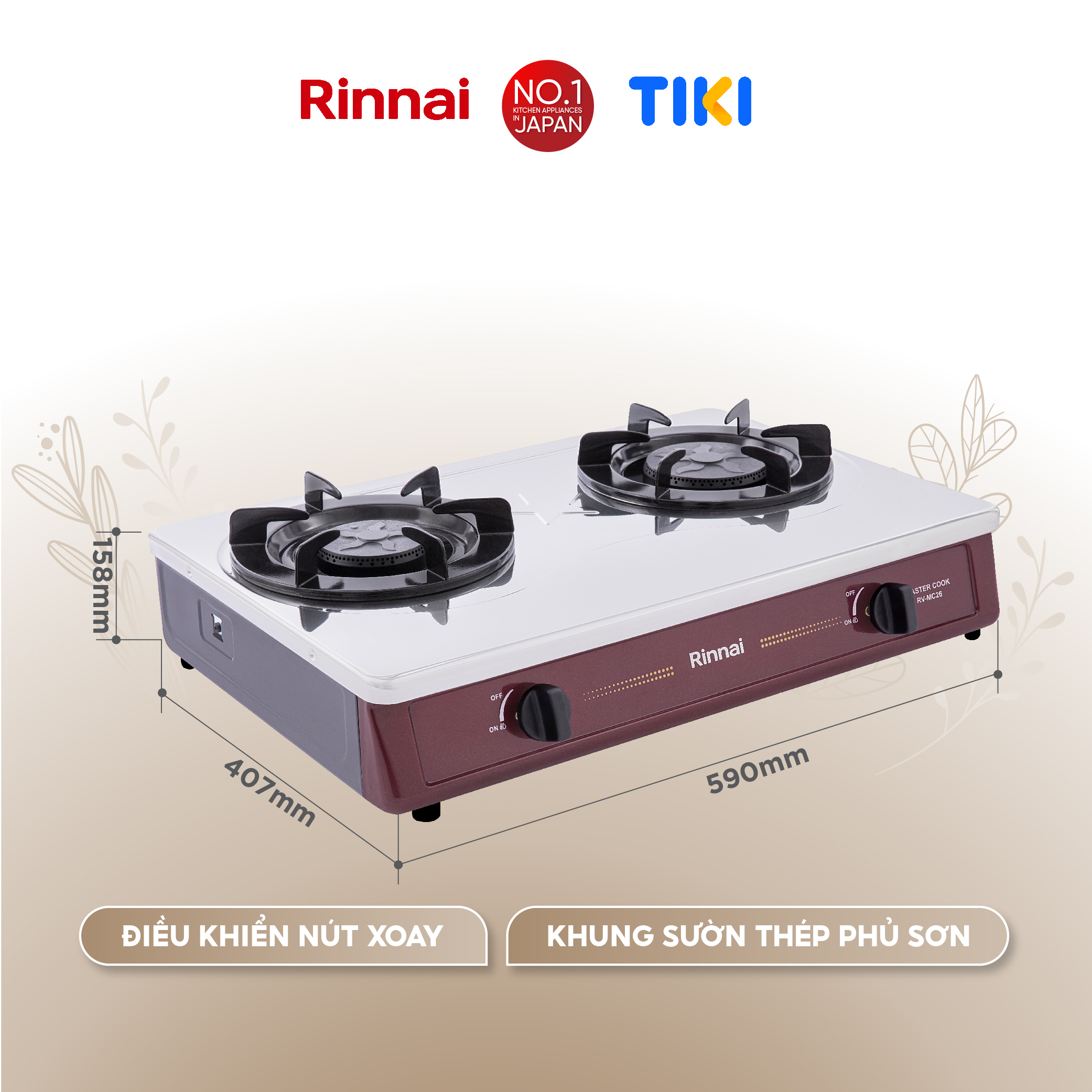 Bếp gas dương Rinnai RV-MC26RS mặt bếp inox và kiềng bếp men - Hàng chính hãng