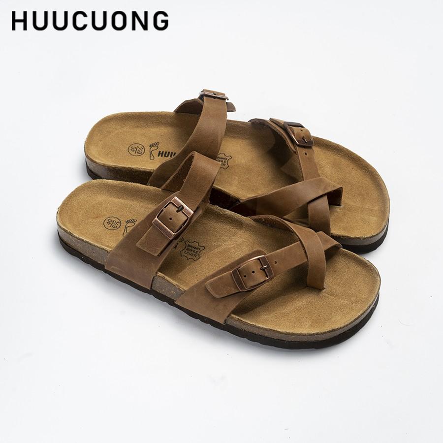 Dép unisex HuuCuong xỏ ngón da bò nâu đế trấu