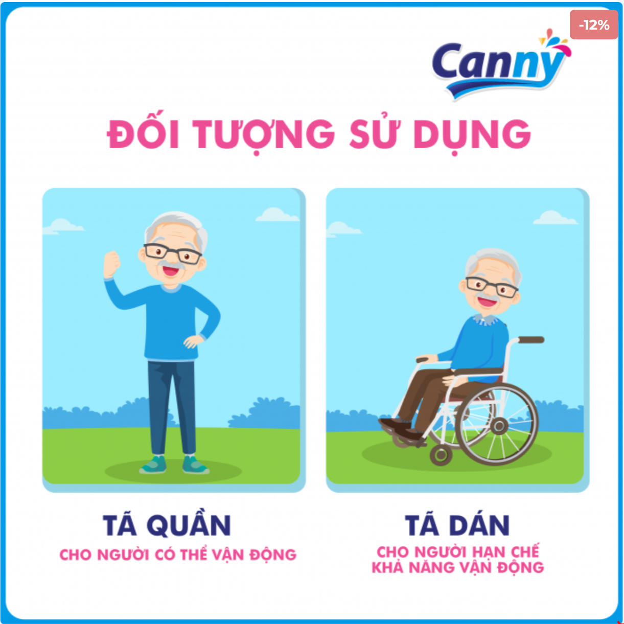 Bộ 2 Tã dán người lớn Canny size M/L 10 miếng/gói siêu mềm, siêu thấm hút vòng bụng 68-122cm