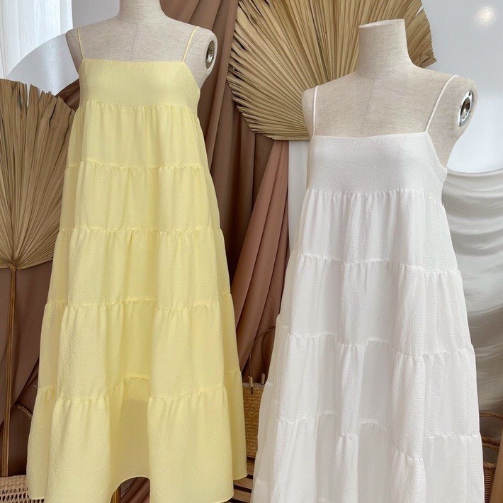 Maxi 2 dây nhún tầng form babydoll nhiều màu freesize
