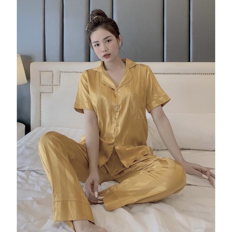 Bộ Lụa gấm sọc tay ngăn, quần dài Không Nhăn, Không Bai Giãn, Không Phai Màu