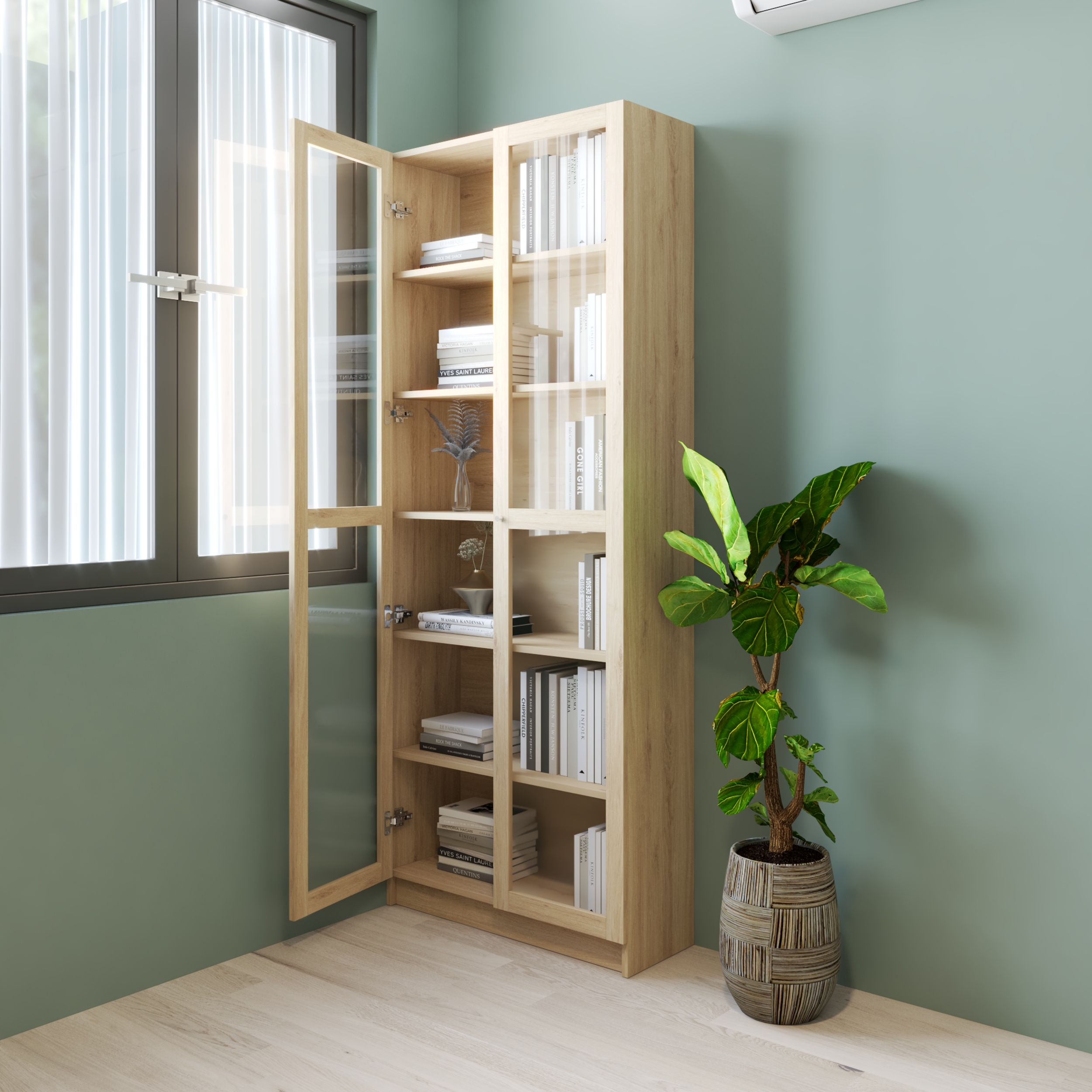 HAPPY FURNITURE , Kệ sách 6 tầng cửa kính - CATY, KSA_074 , 80cm x 30cm x 202cm DxRxC