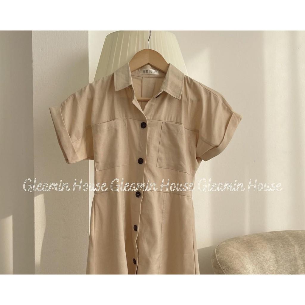 Váy đũi/thô mát túi ngực cổ đức 1 hàng cúc /Đầm linen cổ sơmi suông 3 màu