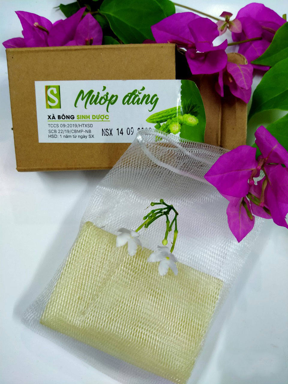 Bánh Xà bông Sinh Dược Mướp đắng 100 gram, khả năng diệt khuẩn cao, tặng kèm túi lưới tạo bọt