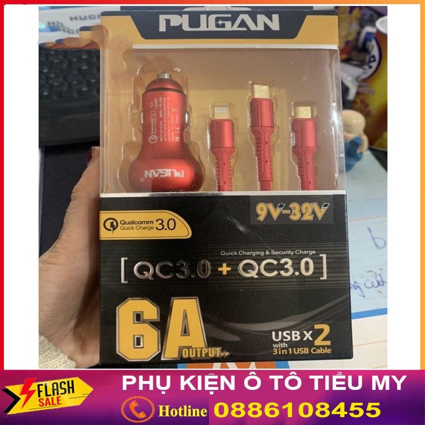 Tẩu sạc nhanh Pugan 6A, Kèm dây sạc 3 đầu, 2 cổng USB 2.1, sạc nhanh điện thoại và thiết bị điện tử, bộ sạc 3in1 cao cấp