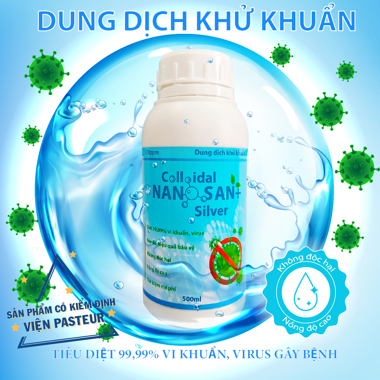 [Pha loãng 100 lần] Dung dịch khử khuẩn nano bạc SAN+. Diệt 99,99% vi khuẩn gây hại, truyền nhiễm.