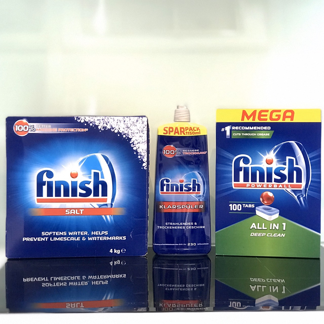 Combo Viên rửa bát Finish All in one 100 viên + Muối Finish 4.0kg + Nước làm bóng Finish 1150ml