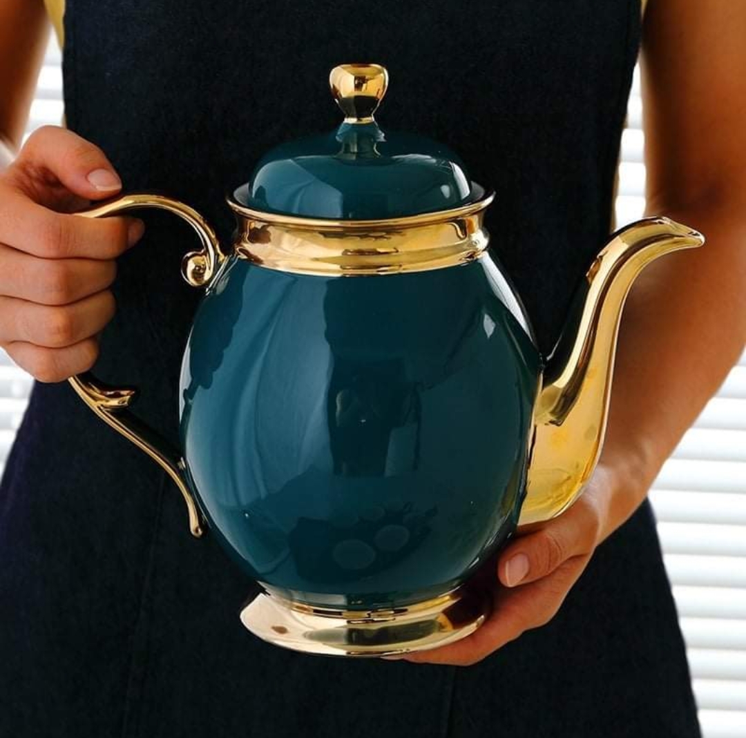 Bộ bình trà ( ấm chén ) uống trà cà phê màu xanh cổ vịt viền vàng kèm Giá treo cốc, 6 thìa vàng, 6 đĩa lót tách
