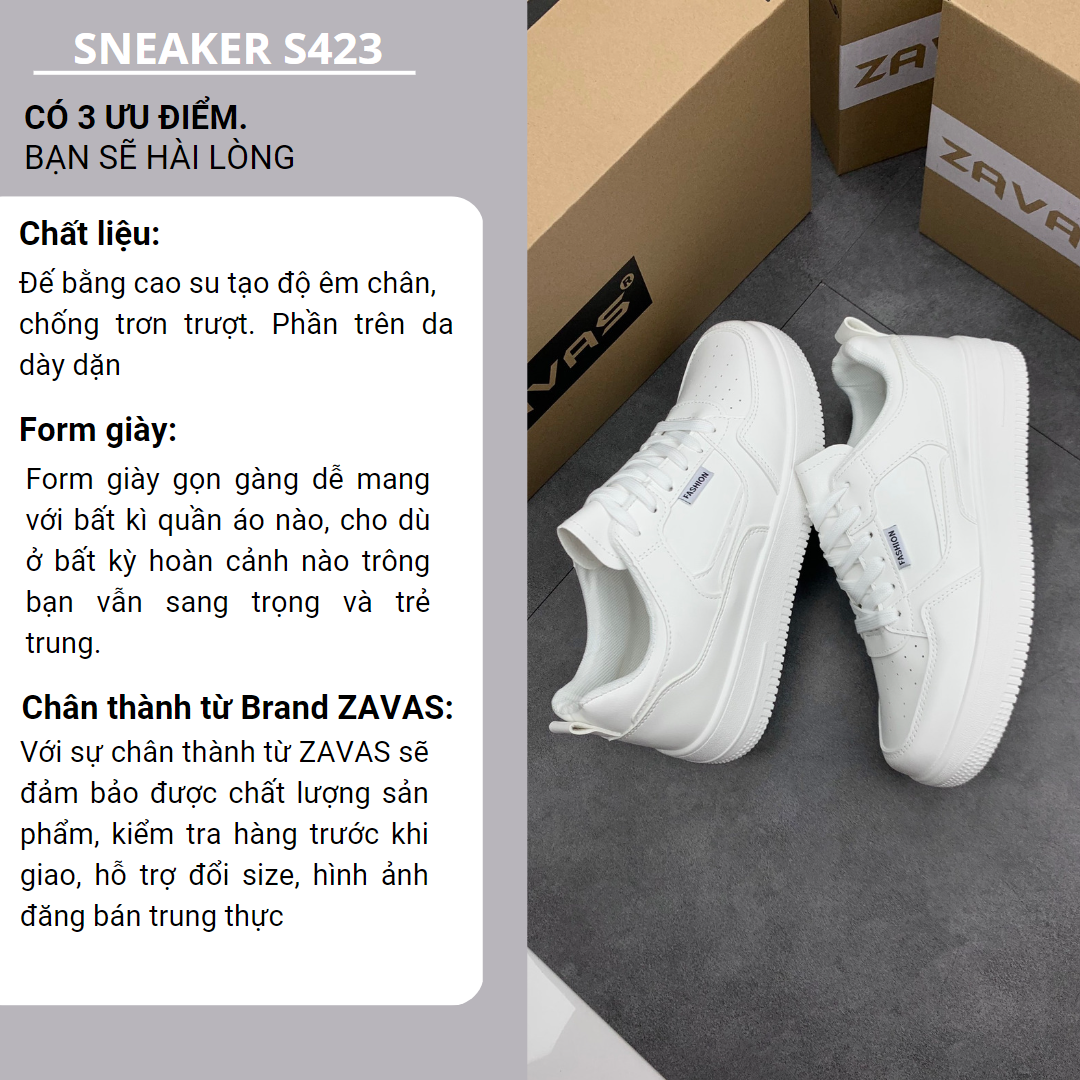 Hình ảnh Giày thể thao nam sneaker trắng ZAVAS bằng da thời trang đế cao 4cm form giày gọn gàng dễ mặc đồ đi êm chân - S423