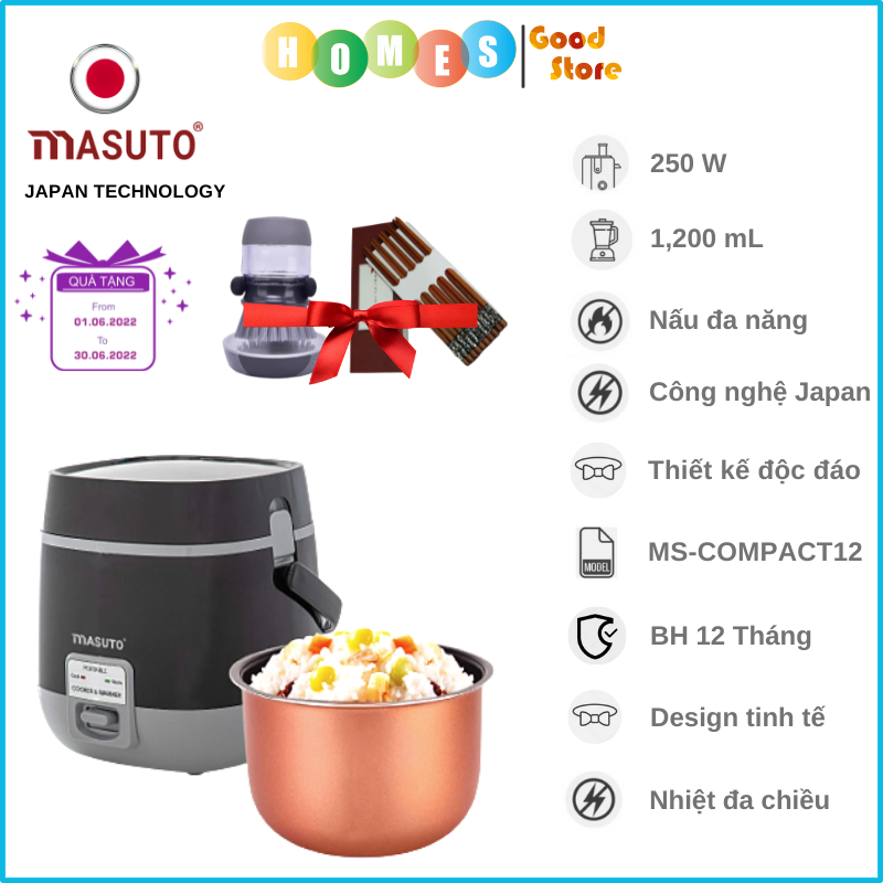 Nồi Cơm Điện Mini MASUTO MS- COMPACT 12 Công Nghệ Nhật Bản Dung Tích 1.2L Công Suất 250W - Hàng Chính Hãng