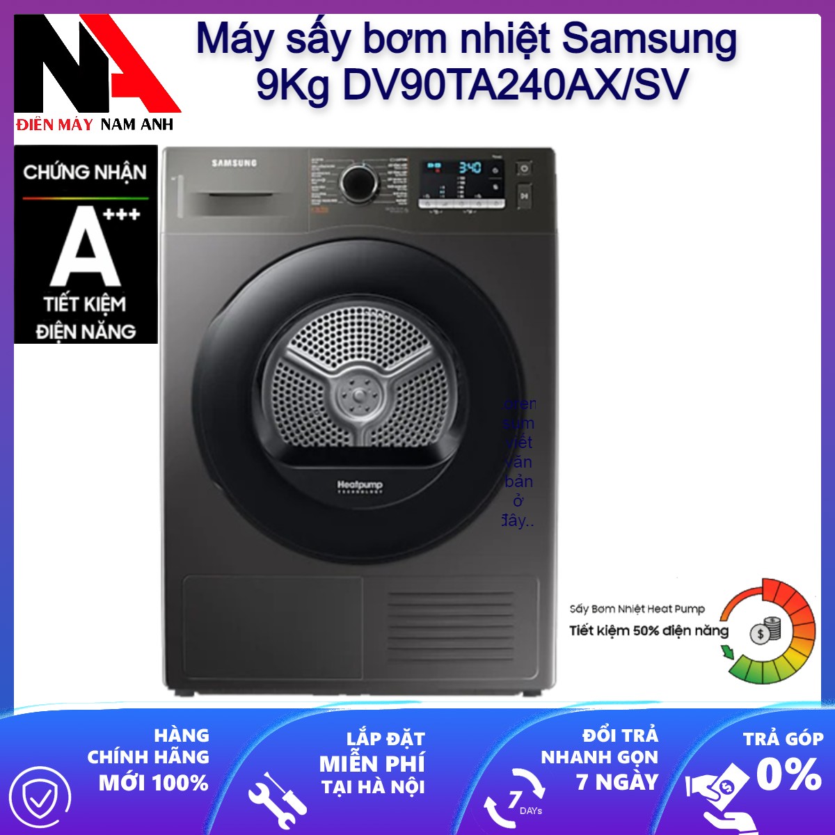 Máy sấy bơm nhiệt Samsung Heatpump 9Kg DV90TA240AX/SV - Hàng chính hãng