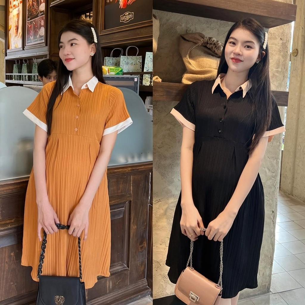 Đầm bầu babydoll đũi gân cổ sơ mi thanh lịch, phối màu bầu diện dễ thương - Đen