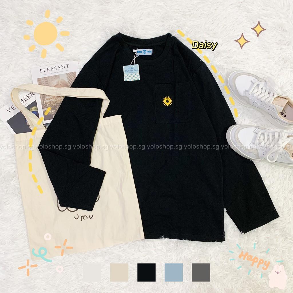 Áo Thun Tay Dài Unisex THÊU CÓ TÚI HOA CÚC Thu Đông