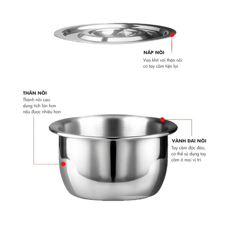 Bộ Tô inox 3 cái size 14/18/22cm trộn gỏi, đựng thức ăn có nắp đậy an toàn, dùng hâm thức ăn được trên bếp từ và các bếp khác với tô size lớn