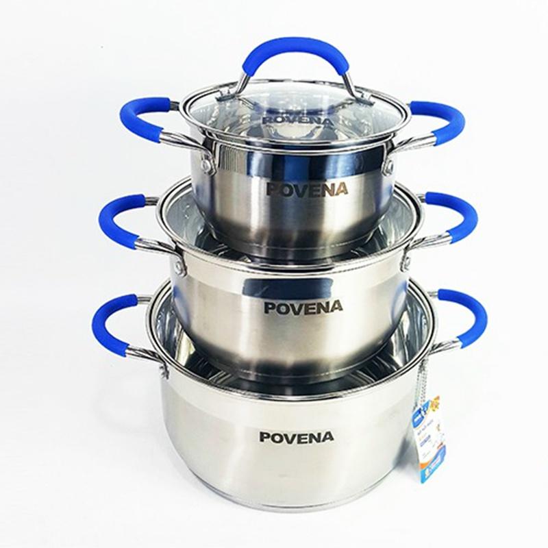 Bộ 3 nồi 5 đáy Inox Povena không bị nổi đáy, dùng được trên bếp ga, bếp hồng ngoại, bếp từ -Hàng Chính Hãng