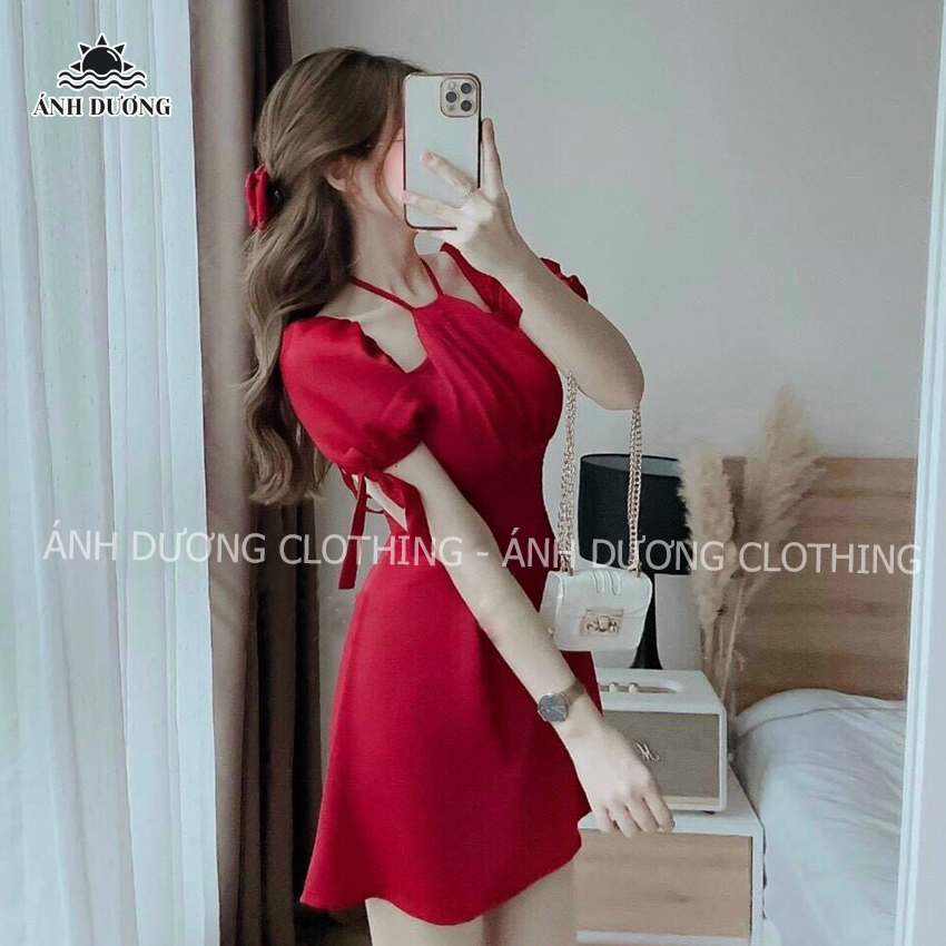 Váy nữ thời trang tay phồng cổ yếm dáng xoè cột nơ có mút Ánh Dương Clothing MS195