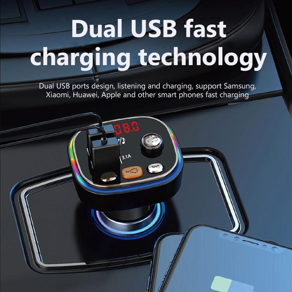 Bộ sạc bluetooth USB Dual USB Sạc nhanh FM Trình phát FM Gọi Audio Trình nhận máy nghe nhạc MP3 với đèn khí quyển
